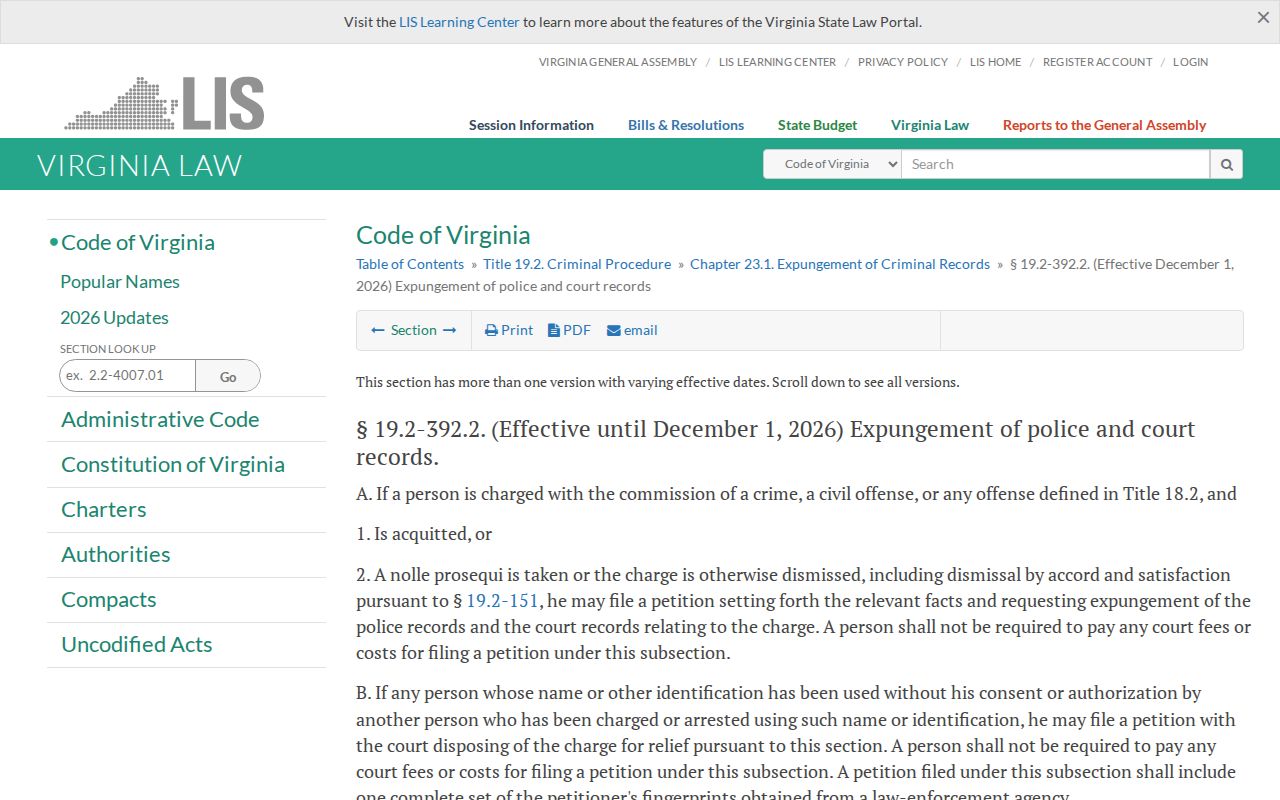 Virginia expungement law for Charles City County criminal records