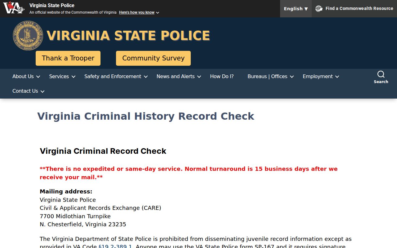 Virginia State Police criminal history options for Charles City County records