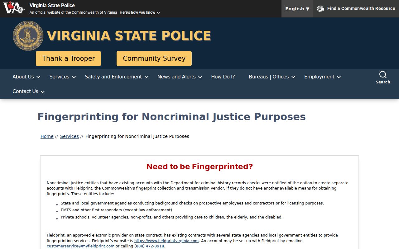 VSP fingerprint guidance for Charles City County criminal record review