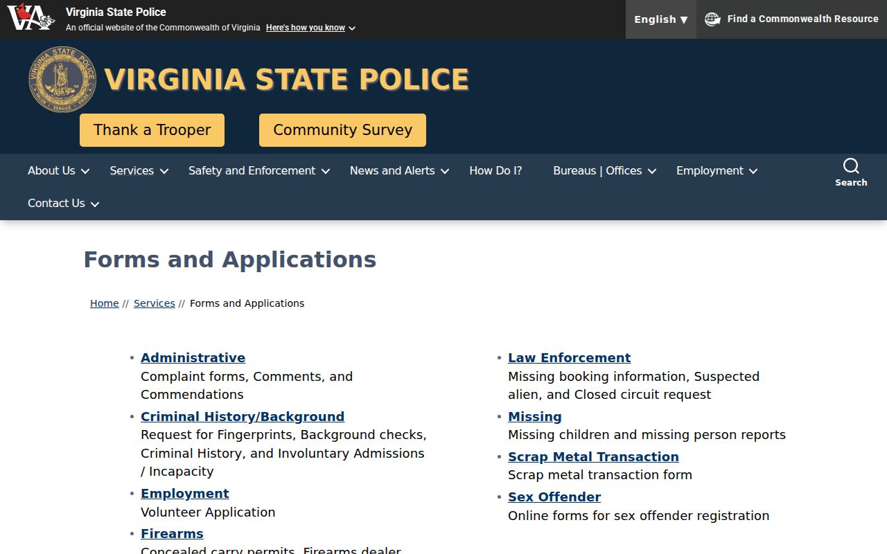 Virginia State Police forms for Charles City County criminal records