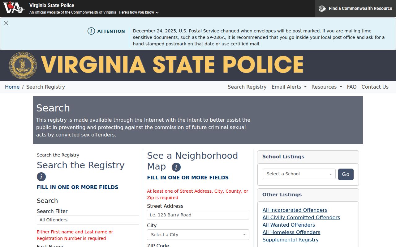 Charles City County sex offender lookup on the current Virginia registry search