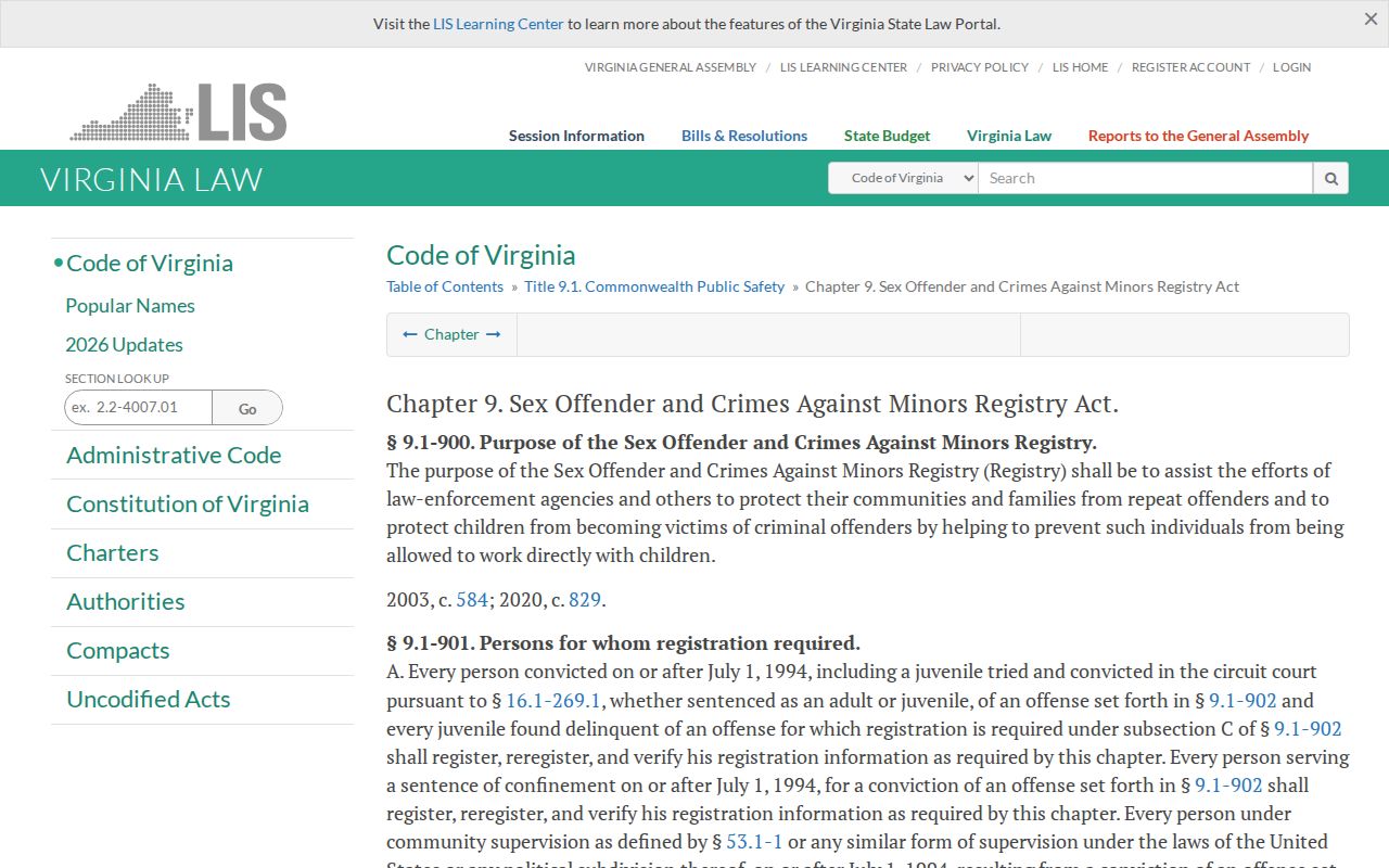 Virginia Registry Act governing Charles City County sex offender records